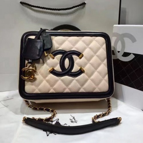 Chanel CC Filigree Vanity Case Bag Beige Grained Calfskin A93343 VS07581