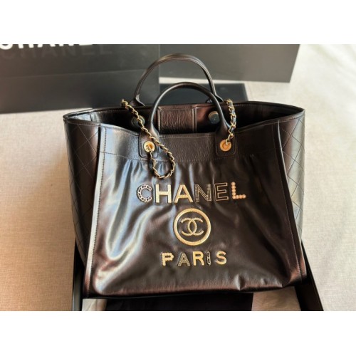 Chanel Deauville Black Leather Tote Shopping Bag