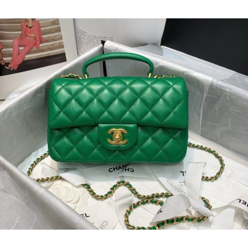 Chanel grained calfskin top handle flap bag green 20cm