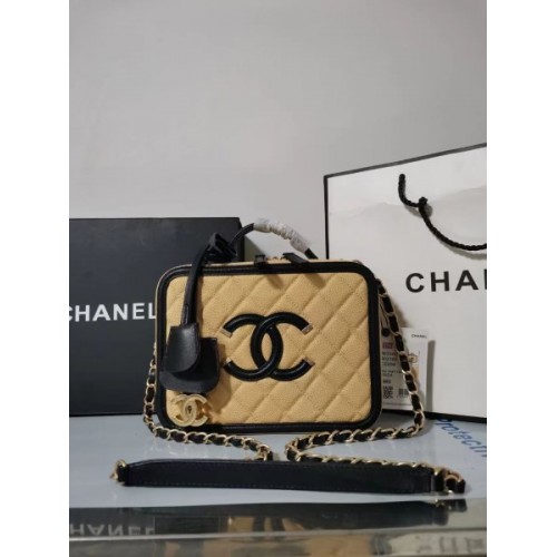 Chanel CC Filigree Vanity Case Bag Beige Grained Calfskin A93343