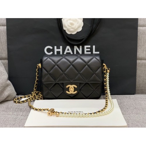 Chanel mini smooth leather pearl chain black flap bag