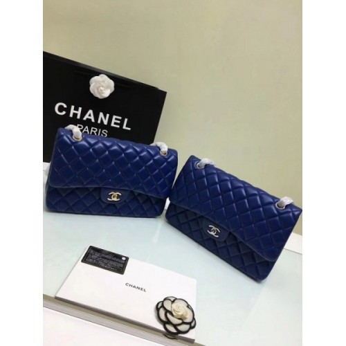 CHANEL 1112 Blue Large Size 30cm Lambskin Leather Flap Bag With Gold/Silver Hardware