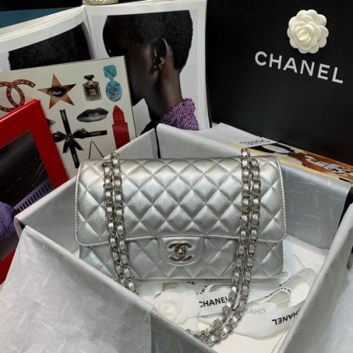 Chanel Silver Lambskin Medium Classic Double Flap Bag