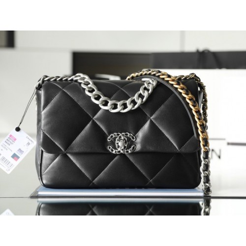 Chanel silver flap black bag 19 large size