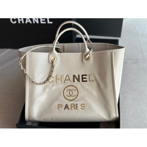 Chanel Deauville White Leather Tote Shopping Bag