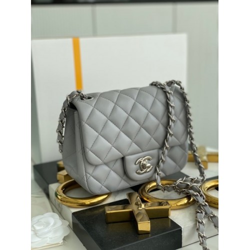 Chanel 17cm Classic Flap Bag Grey Lampskin Leather silver hardware