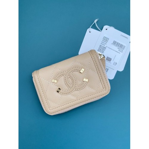 Chanel CC caviar gold hardware filigree beige wallet