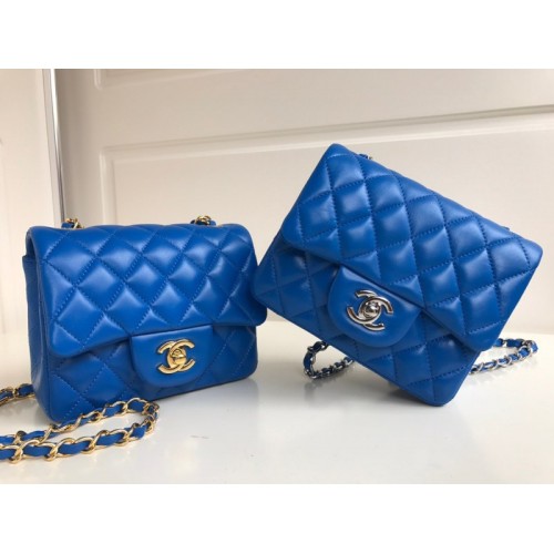 Chanel 17cm Classic Flap Bag Blue Lampskin Leather (gold/ silver)