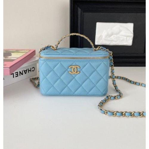 Chanel vanity blue leather handle bag