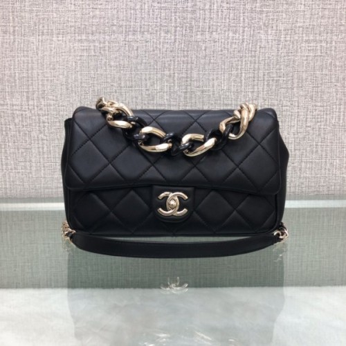 Chanel black big chain flap bag in black lampskin