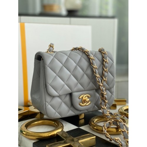 Chanel 17cm Classic Flap Bag Grey Lampskin Leather gold hardware