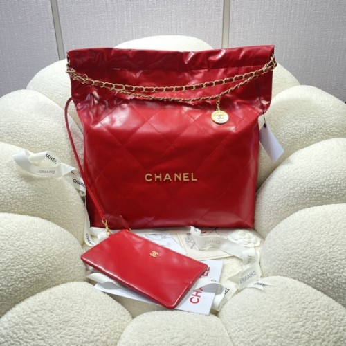 Chanel red leather tote shopping large bag