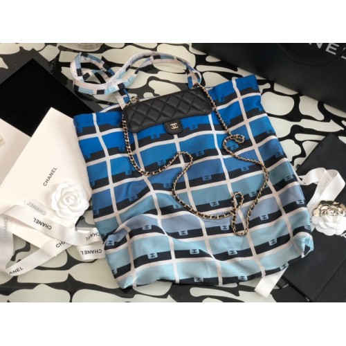 Chanel Printed Fabric Foldable Blue Shopping Bag