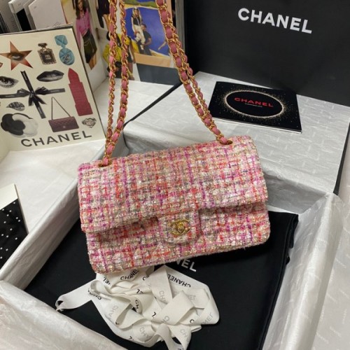 Chanel 25cm Tweed & Gold-Tone Metal Pink Double Flap Bag