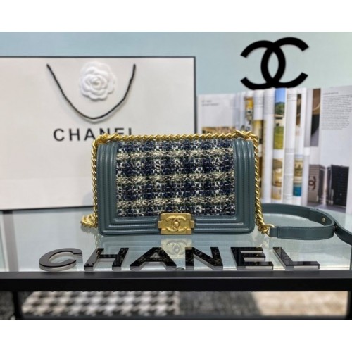 Chanel Boy Calfskin Blue Gold hardware 25cm