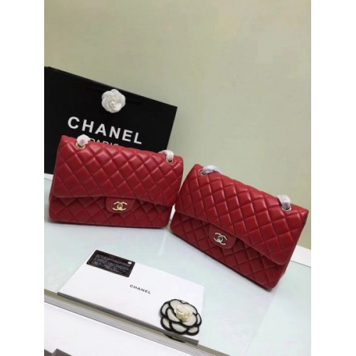 CHANEL 1112 Red Large Size 30cm Lambskin Leather Flap Bag With Gold/Silver Hardware