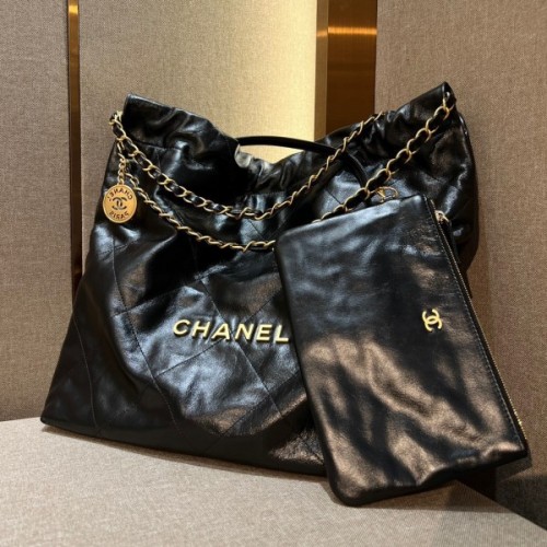 Chanel black leather tote shopping bag