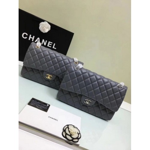 CHANEL 1112 Grey Large Size 30cm Lambskin Leather Flap Bag With Gold/Silver Hardware