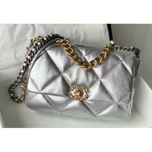 Chanel 19 silver leather large bag