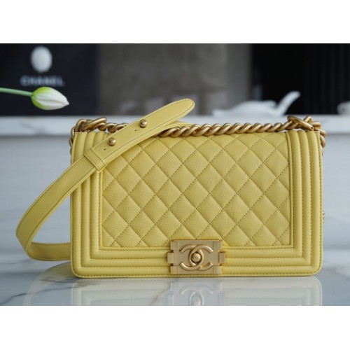 Chanel Green Quilted Caviar Medium Yellow Boy Bag