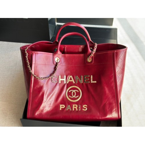 Chanel Deauville Red Leather Tote Shopping Bag