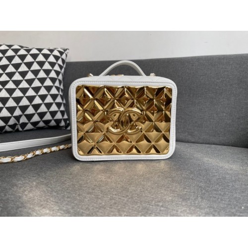 Chanel Lambskin & Gold Metal Clutch White AP2393