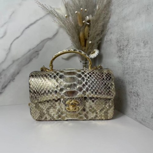 Chanel handle mini flap bag yellow snakeskin 20cm