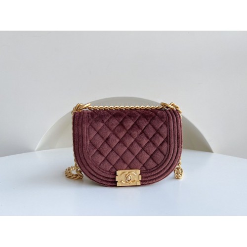 Chanel 22A Small Boy Messenger Red Velvet Bag