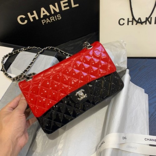 Chanel red patent leather CF flap bag 25cm