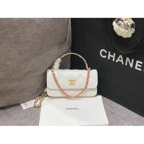 Chanel phone holder gold metal white bag