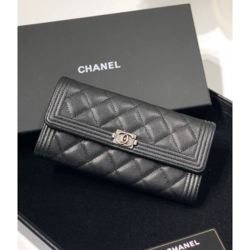 Chanel boy caviar black leather long wallet