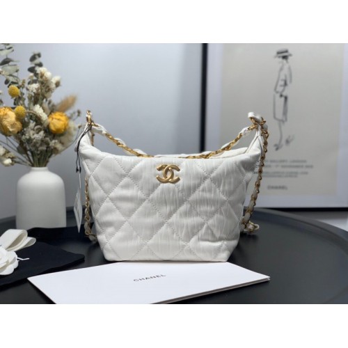 Chanel Crumpled Lambskin Mini Hobo Bag White