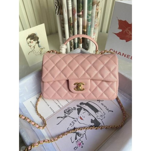 Chanel grained calfskin top handle flap bag new pink 20cm