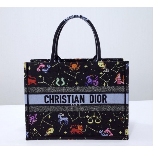 Dior Pixel Zodiac Embroidery Black Book Tote 36cm