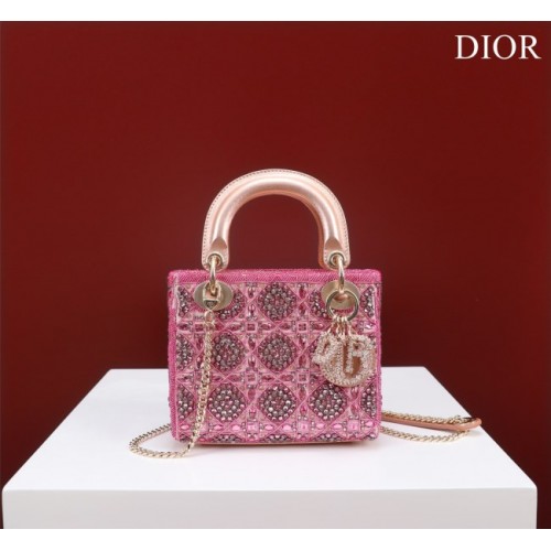 Dior Small Lady Dior Pink Satin with Bead Embroidery Bag