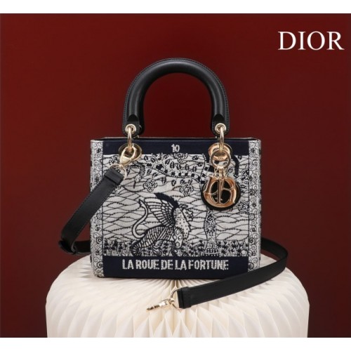 Dior Medium Lady Blue Satin with Bead Embroidery Bag