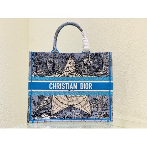 Dior Book Tote Star Embroided Blue 41cm