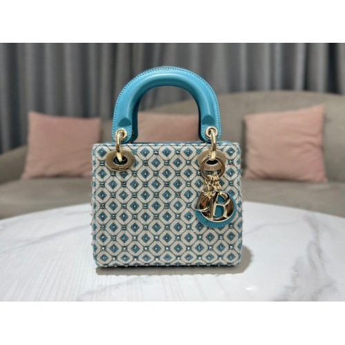 Lady Dior Mini Azure Blue Honeycomb Rhinestones Embroidery Bag