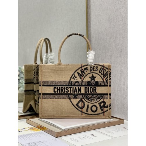 DIOR Book Tote Medium Beige Jute Canvas 36cm