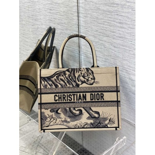 Dior medium book tote black tiger embroidery bag