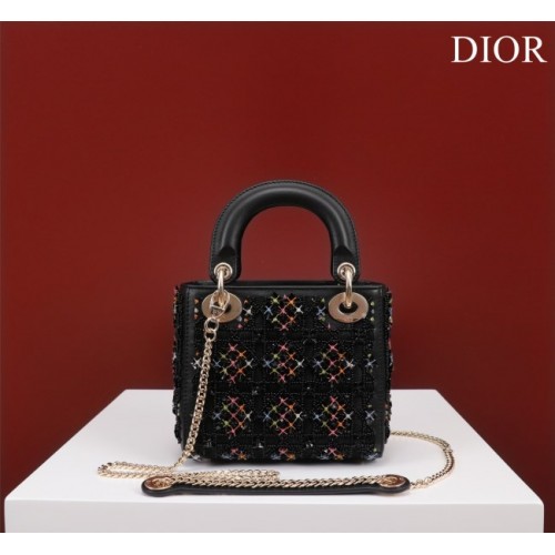 Dior Small Lady Dior Black Satin with Bead Embroidery Bag