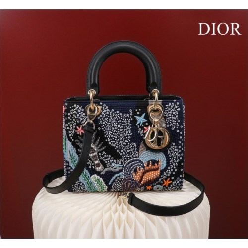 Dior Lady blue embroidered canvas hand bag