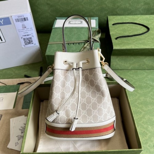 Gucci Ophidia small GG beige/ red bucket bag