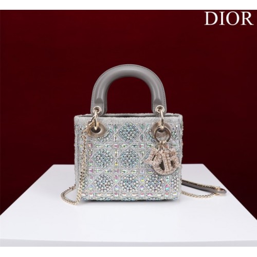 Dior Small Lady Dior Gray Satin with Bead Embroidery Bag