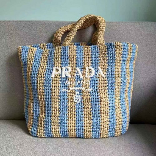 Prada large blue raffia tote bag