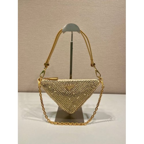 PRADA Crystal-embellished satin gold shoulder bag