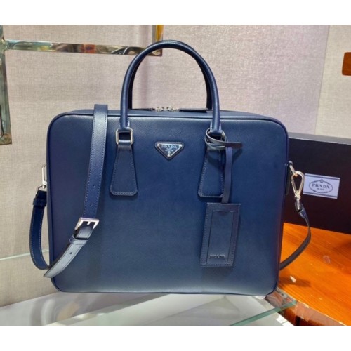 Prada Briefcase Saffiano Blue Leather Work Bag