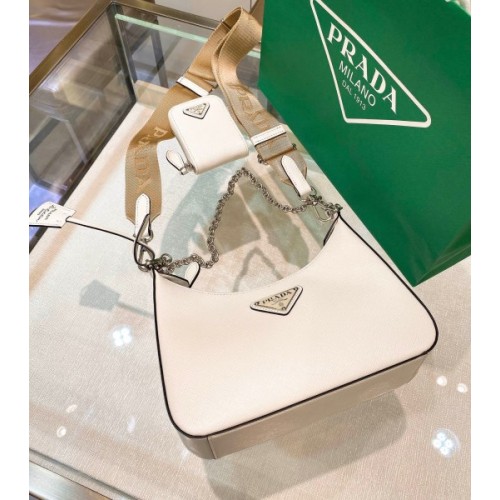 Prada Re-Edition 2005 Saffiano White Leather Silver Hardware Bag