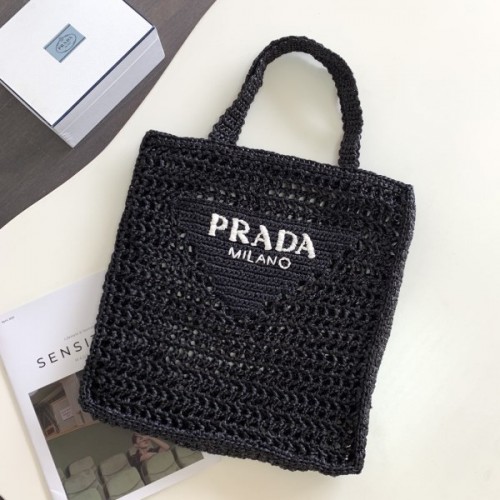 Prada small logo raffia tote black