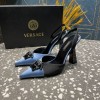 Versace Crystal La Medusa Blue Satin Sling black heels